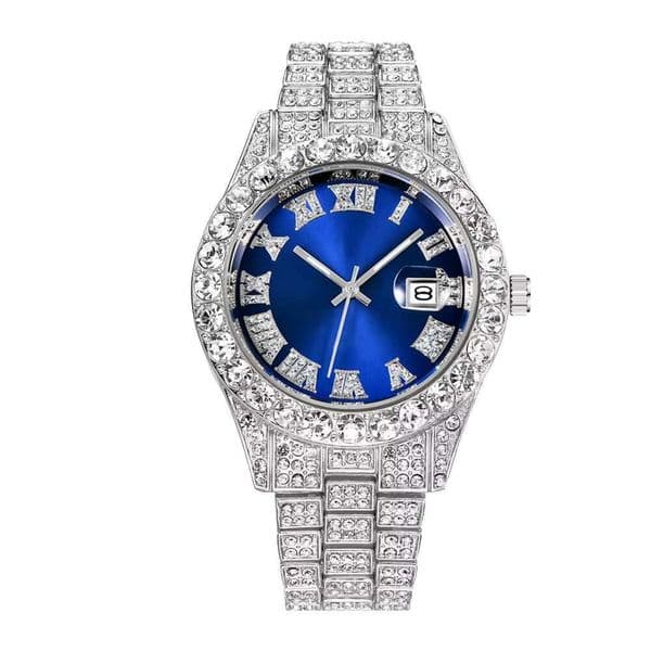 Pearl Hip-Hop Fully Chilled With Sier, Gold, Blue Dial, Quartz Dia Watch, Men's Wrist, Moissanite Watch Party Gift