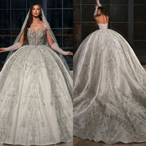 Junoesque Beaded Pearls Wedding Dress Women Shiny Ball Gown Lace Up Back Luxury Elegant Floor-length Bridal Gown Customized