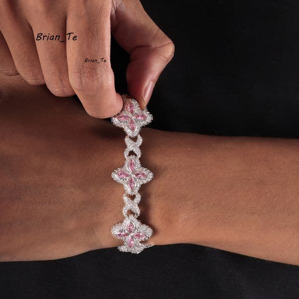 New Design Hip Hop Pink White Colorful Moissanite Clover Bracelet Necklace 925 silver Iced Out Flower Moissanite Diamond Cuban Chain