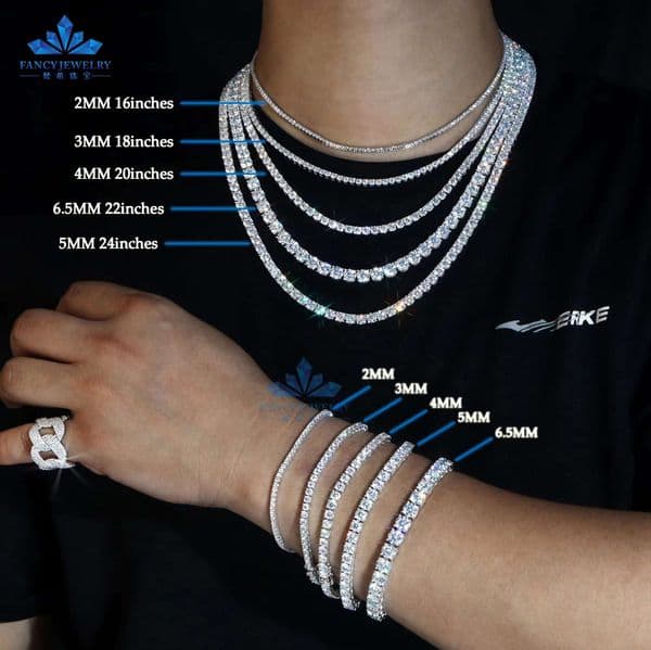 Cheap 2MM 3MM 4MM 5MM 6.5MM Hip Hop Fine Jewelry Necklaces Sterling Silver D Color Diamond Moissanite Tennis Chain Necklace