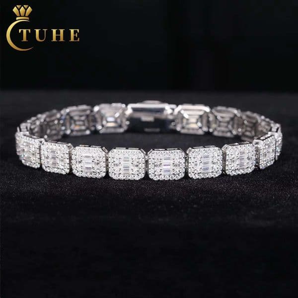 Fashion Hip Hop Jewelry 8.5mm 925 Sterling Silver VVS Baguette Moissanite Diamond Iced Out Sugar Tennis Bracelet for Men