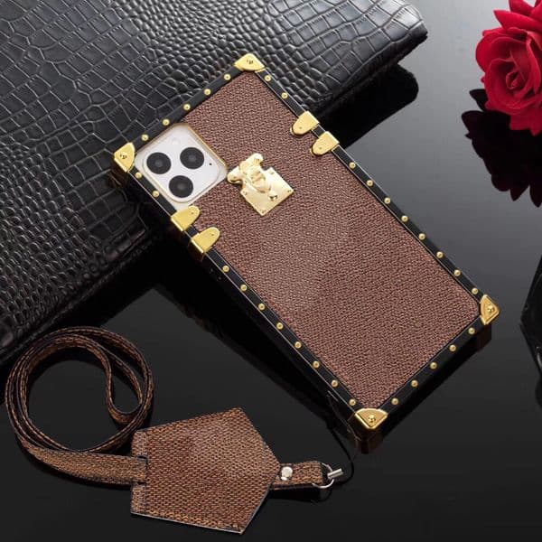 Square Designer Phone Case for Apple iPhone 17 16 15 14 Plus 13 12 Samsung Galaxy S25 S24 S23 Note 20 Ultra Luxury Leather Lanyard Strap Back Cover Coque Funda