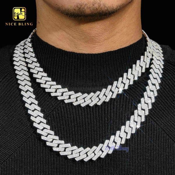 Prong Setting Miami Cuban Link Iced Out Moissanite Diamond Cuban Chains Hiphop 15mm Men Fashion Silver Necklace and Bracelet
