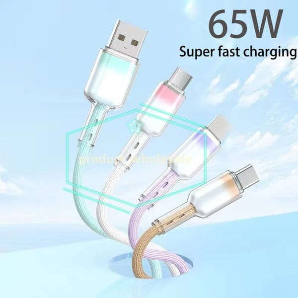Gradient transparent crystal data cable 65W Braided PD Fast Charging Cables 1m 3FT USB 27W Type C Cable Charging Cords Quick Phone Charger Cord iPhone Samsung Android
