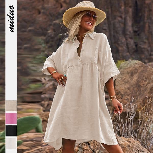 New women's loose solid color polo collar vacation casual button art style fashionable dress for women