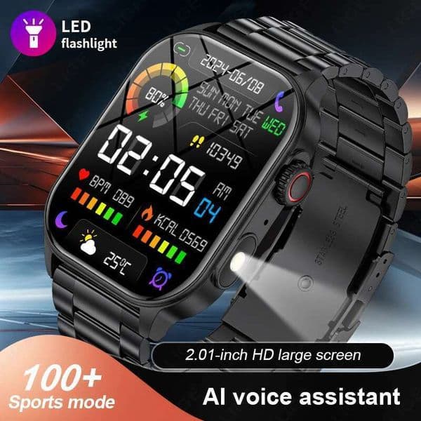 LIGE New Smart Watch LED Flashlight Military Sport Watches 2.01'' Screen Health Monitor Bluetooth Call Waterproof Smartwatch Men