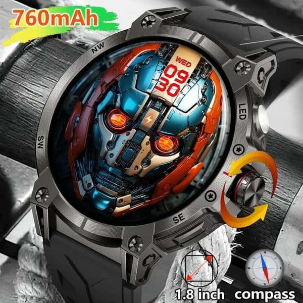 LIGE Military Smart Watch Men 760mAh Large Battery LED Flashlight Compass 1.8"HD Screen Heart rate Waterproof BT Call Smartwatch