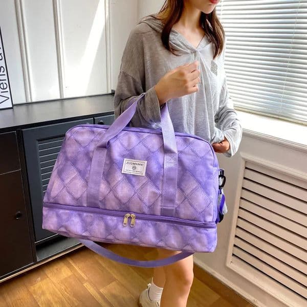 Fashionable large capacity expandable travel luggage bag womens denim plaid waterproof sports and fitness bag handbag shoulder bag 250427