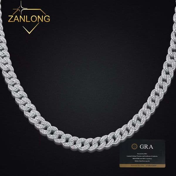 Zanlong 13218 10mm Hip Hop Jewelry Sier D Color VVS Clarity Design Cuban Link Chain Iced Out Moissanite Dia Necklace