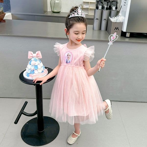 New Frozen Elsa Princess Birthday Party Short Sleeve Dress Children's Designer Clothing girl Clothes for Girls with Flying Sves Summer Dres..