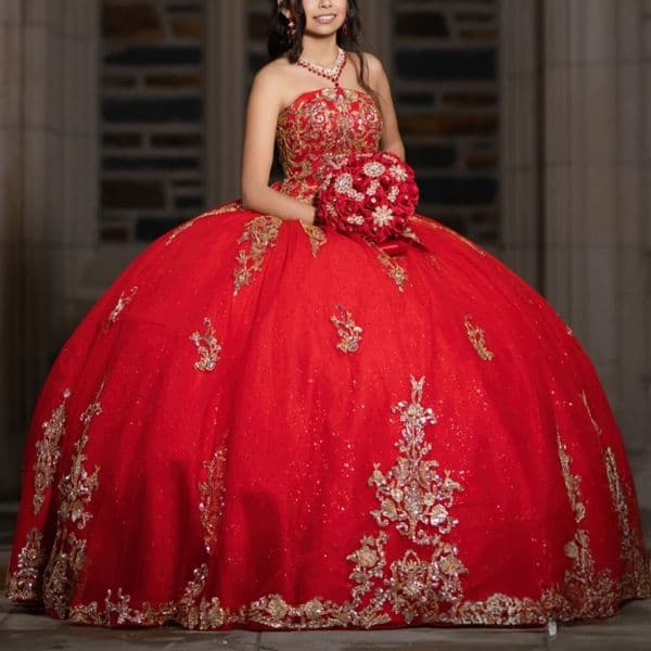 Red Quinceanera Dresses Off Shoulder Ball Gown Sweet 16 Dress Gold Applique Lace Beading Tull Birthday Party Vestidos 15 Anos