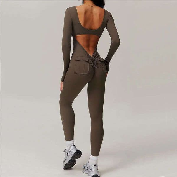 Sexy Back V Gym Set Long Sleeved Yoga Suit Sportswear Women Sports Jumpsuit Fiess Rompers Workout Bodysuits