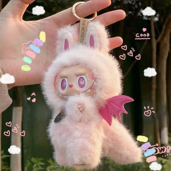 Keychains Lanyards Monster Labubu Series 17cm Zimomo Angel Pink Heartbeat Creative Change Blind Box Backpack Pendant Doll Birthday Gift ToyXJ250506