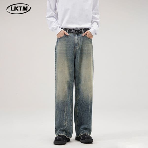 American Vintage Jeans Men's Washed Tie Hua Trendy Brand Clean Fit Straight Pants