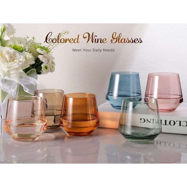 Colorsavant Stemless Set 6Colored Glasses Stemless Multi Color Short Tumbler14oz Colored Glassware or Soft Drinks,Unique Wine Gifts for Women Birthday