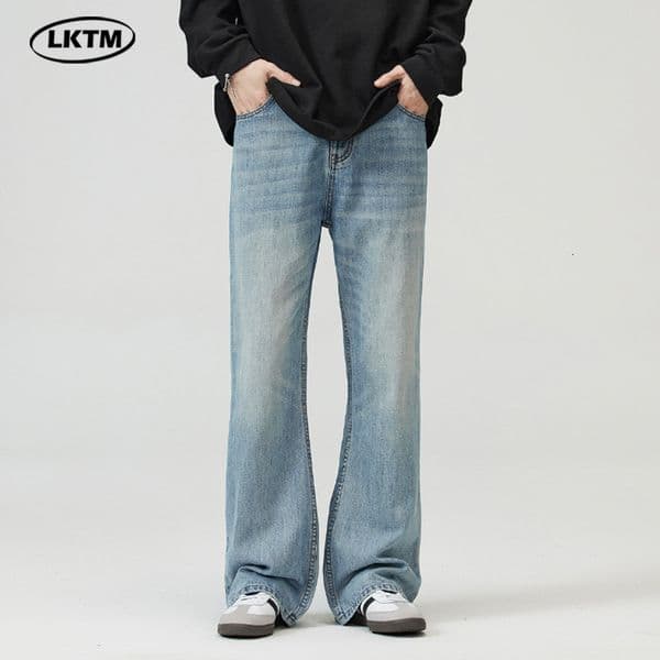 American Street Washed Light Blue Micro Flared Jeans Men's Trendy Brand High Sense Floor Slim Pants