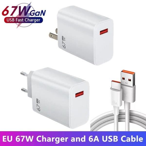 65W USB Wall Charger Typc C Cable Set USB Quick Charge With 1M/3FT Cable Cellphone Fast Charging Travel Power Adapter For Xiaomi 14 13 12 11/iPhone/Samsung/Huawei