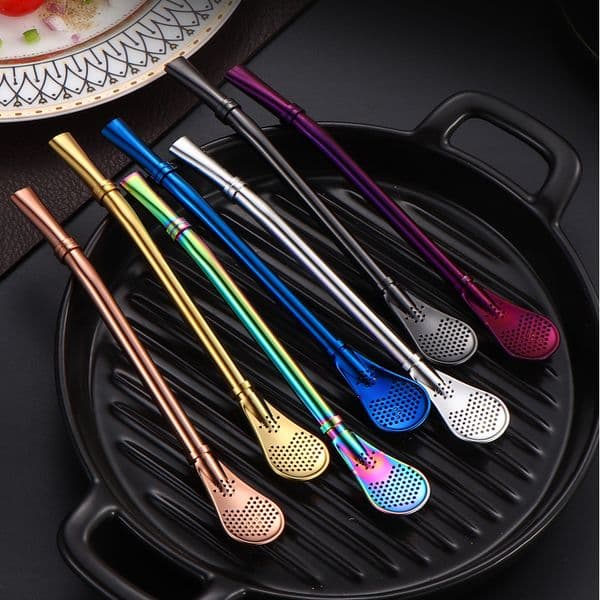 Metal 304 Stainless Steel Straw Spoon Scented Tea Filter Straw Coffee Spoon Detachable Tea Spoon