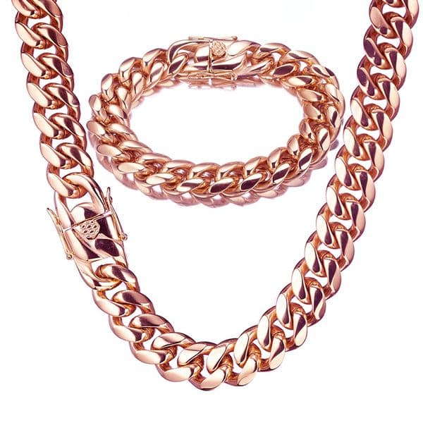 Miami Cuban Link Chains Necklace 14mm Rose Gold Titanium Steel Stainless Steel Chain Bracelets Mens Necklaces Hip Hop Jewelry