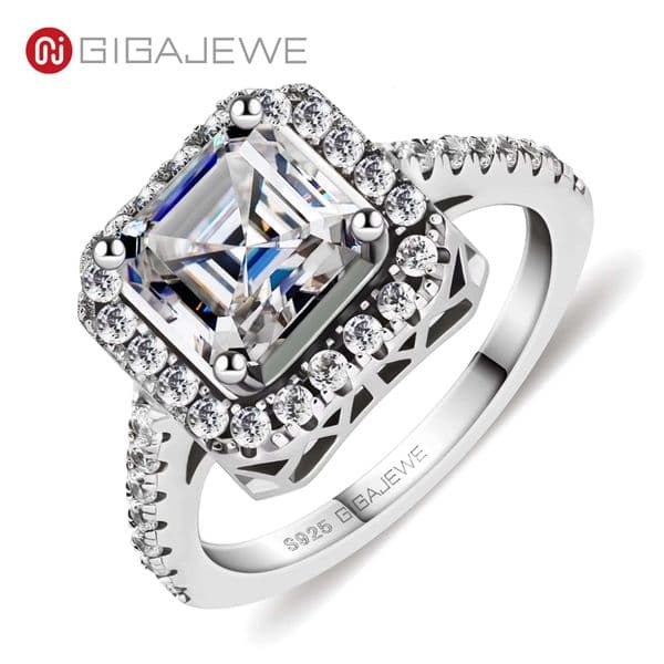 GIGEWE 2.2ct 7.5mm White D Color Asscher Cut Sier Plated Gold Moissanite Ring with GRA Certificate