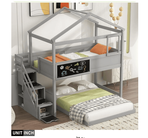 Twin Over Full House Bunk Bed with Blackboard and Storage Staircase,Wood Kids Bunk Bed with Roof and Safety Guardrails Beds