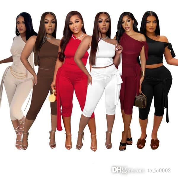 Womens Tracksuits Two Pieces Set Summer New Slant Shoulder Strap Casual Fashion Solid Color Set