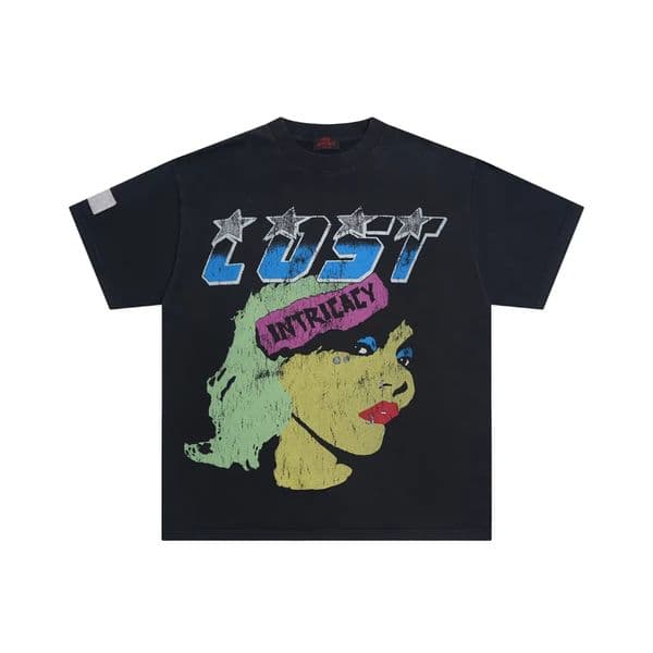High Street Women Character Washed Black Mens Tshirts Short Sleeve Harajuku Cotton Summer Tees Oversized Crew Neck Loose Top