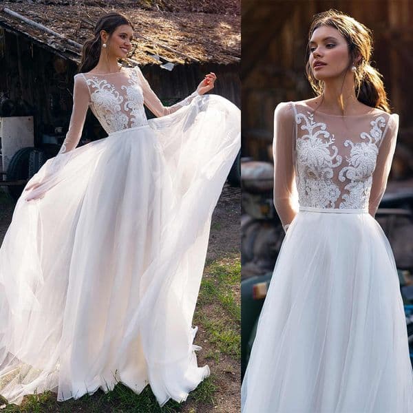 Luxury A Line Wedding Dresses Long Sleeves Appliques Lace Bridal Gowns Custom Made Backless Sweep Train Robes
