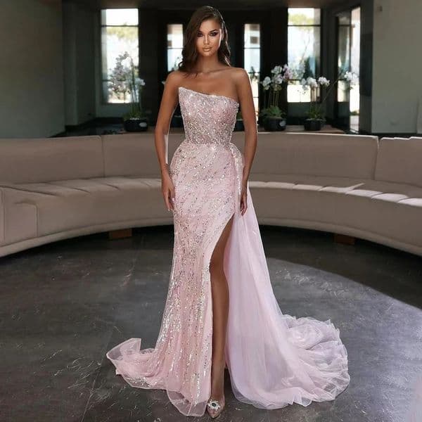 2025 Fashion Pink Mermaid Prom Party Dress Strapless Sequins Beads Lace Appliques High Split Evening Formal Birthday Gowns Robes De Soiree