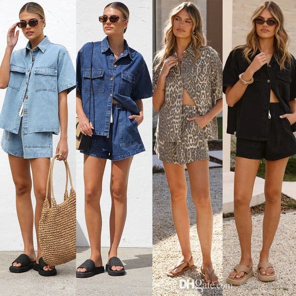 Summer Two Piece Set For Womens Outfits Casual Loose Pocket Short Sleeve Shirt Cowboy Clothes