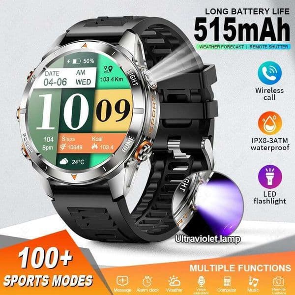 2025 New Outdoor Military Men Smart Bluetooth Call 1.46" AMOLED 515mAh Battery LED Flashlight IPX8-3ATM Waterproof Watch