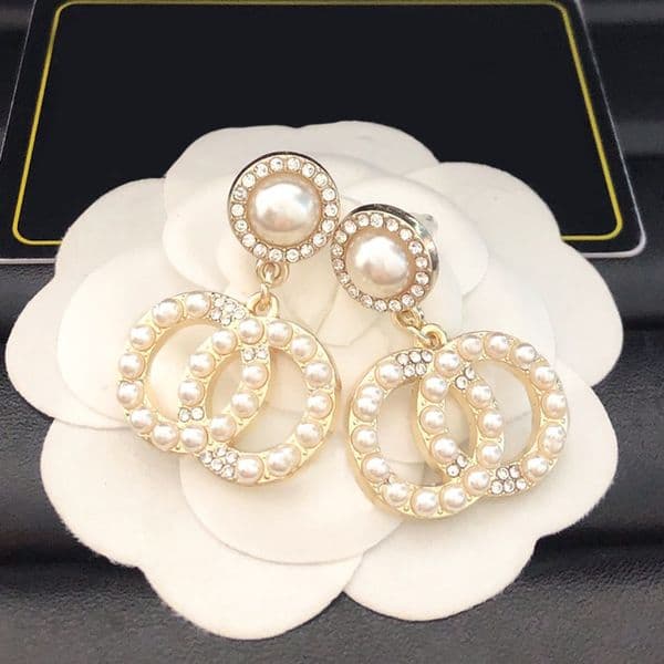 Popular Styles Round Designer Letter Stud Black Earring Geometric Famous Women Crystal Rhinestone Pearl Earrings Wedding Party Luxury Jewelry Gift
