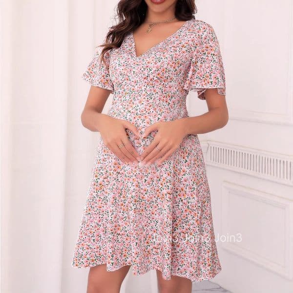 Pregnant Womens Summer New Chiffon Printed Ruffle Edge Dress French Tea Break Skirt Lace Up Short Skirt