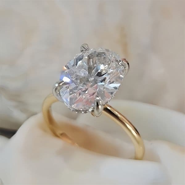 JY Jewelry 18K Yellow Gold Band White Gold Prongs 3.0 CTW Oval Cut IGI CVD Lab Grown Diamond Hiden Halo Women's Engagement Gold Ring