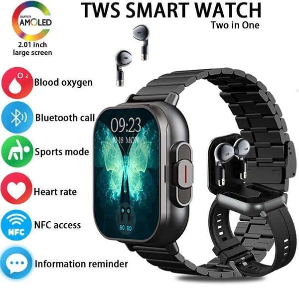New Smart Watch Men 2 in 1 With Earbuds Heart Rate GPS Track TWS Bluetooth Earphone Monitor Play Music Sport Fiess Smartwatch