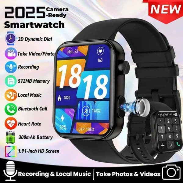 LIGE New 3D Dynamic Dial Smart Watch 512MB Memory Take Video Photo Recording BT Call Music 1.91" HD Smartwatch For TWS Earphones