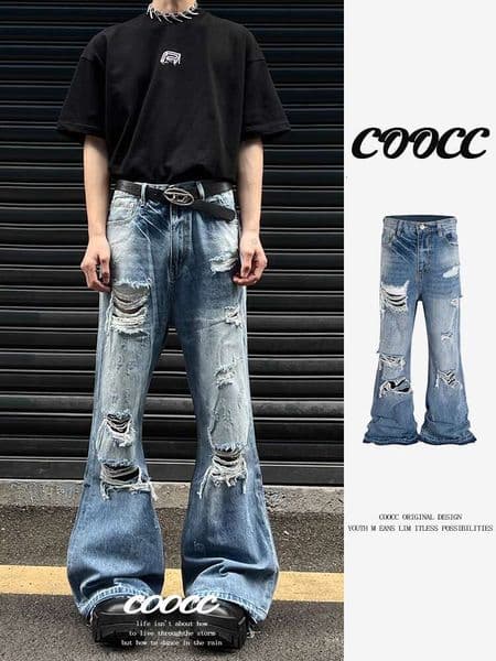 American style ripped micro flared jeans for men, niche design, trendy brand, high street loose washed straight leg pants