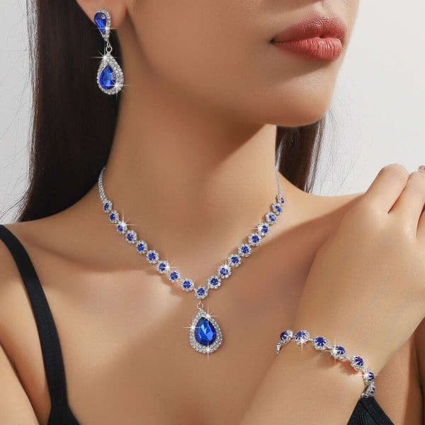 Necklace Earrings Bracelet Three piece Full Dia Flower Bridal Jewelry Set Dress Accessories for Women