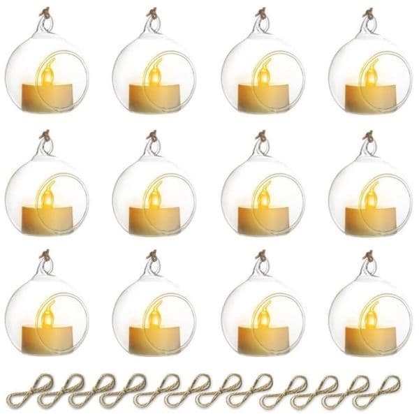 6/12 Pcs Hanging Glass Tealight Globe Candle Holder with LED Candles for Home Outdoor Garden Wedding Party Tree Decoration