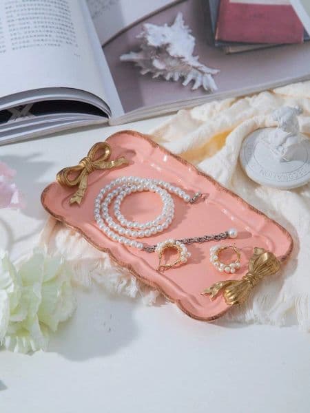 Pink European Style Resin Tray With Retro Bowknot Design Fruit Plate For Jewelry Fruit Storage Display Gift For Valentine's Day