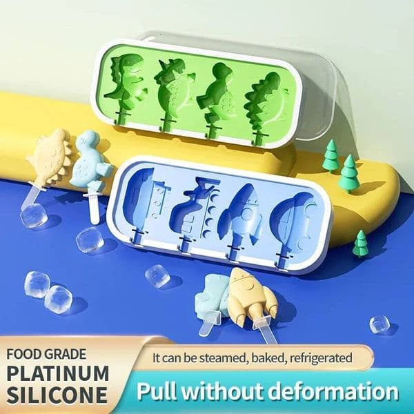 2Pcs Silicone With Lid And Sticks DIY Popsicle Mould Dinosaur Shape Pastry Mold Kitchen Ice Cream Tool