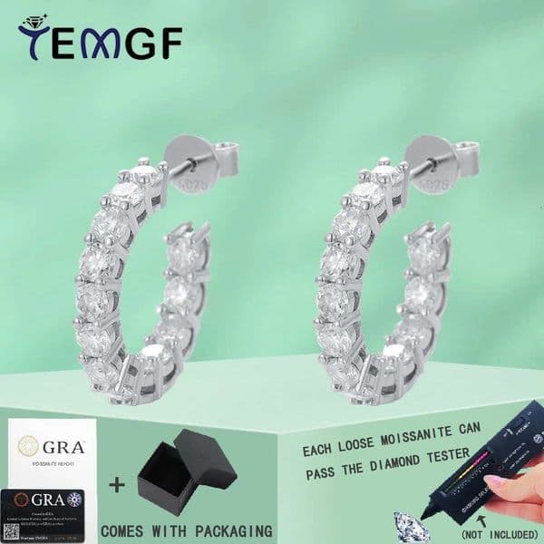 TEMGF Full 3mm Moissanite Ear Studs S925 Sterling Silver Hoop Earrings 18K Plated for Women Elegant Fashion Sparkling Jewelry