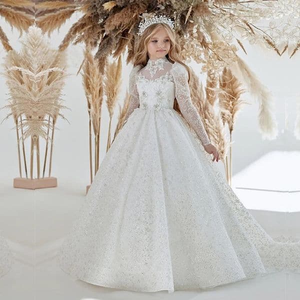 Sparkle Lace Flower Girl Dress Bows Childrens First Communion Dress Princess Tulle Ball Gown Wedding Party Dress
