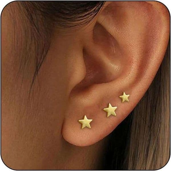 3 pairs of 14K gold and earrings set for women, exquisite pure sier fashionable small cartilage ear screens, cute earrings, stacked jewelry gifts