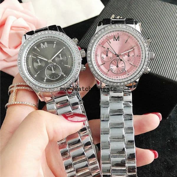 Brand Watches Women Girl Diamond Crystal 3 Dials Style Metal Steel Band Quartz Wrist Watch M125