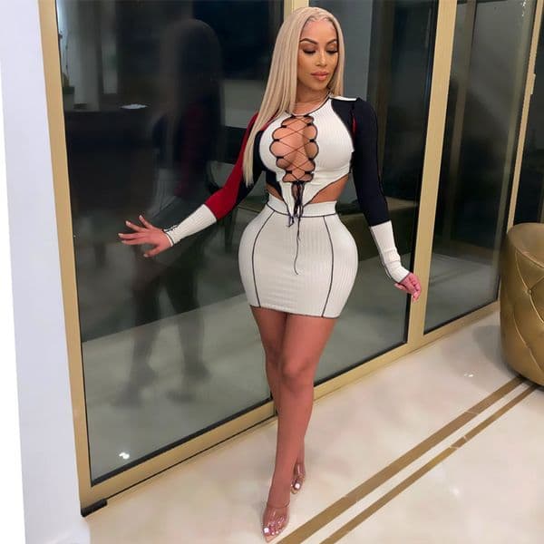2025 Summer Hot Item New Chest Lace Up Hollow Contrasting T-shirt Short Skirt Reverse Side Set for Women
