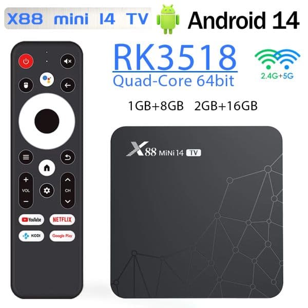 X88 MINI 14 TV Android 14 Smart TV Box WIFI 6 Bluetooth 5 RK3518 2GB 16GB 4K HDR10 Stream Media Player Multi Language