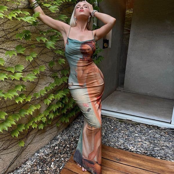 Womens Fashion Figure Print Trend Suspender Dress Sleeveless Slit Slim Fit Long Skirt
