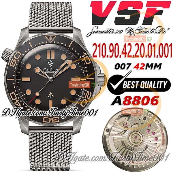VSF V4 Diver 300M 42mm 007 No Time to Die A8806 Automatic Mens Watch Black Dial Dial Titanium Case Stainless Steel Mesh Bracelet Limited Edition trustytime001Watches