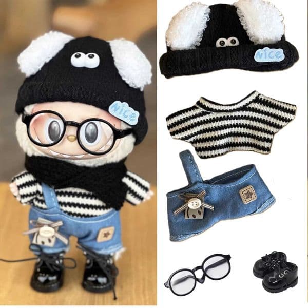 Fashion Clothes Set For 17cm Labubu V1 V2 Dog hat Denim strap Striped Inside Labubu Designer Clothes Labubu Clothing X250526